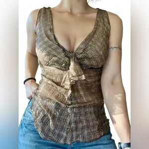 Vintage Y2K Sheer Ruffle Cami Top Brown Metallic Gold Blouse Boho Fairy Coquette